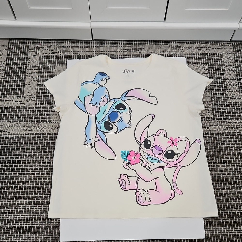 Disney Lilo & Stitch Woman's  T-shirt Cream with Blue and Pink Design